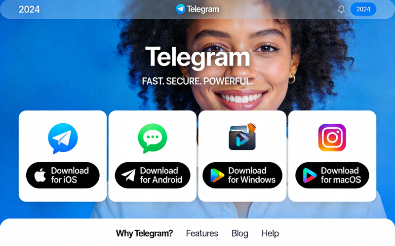 2024年Telegram官方网站首页界面截图，展示各平台下载按钮