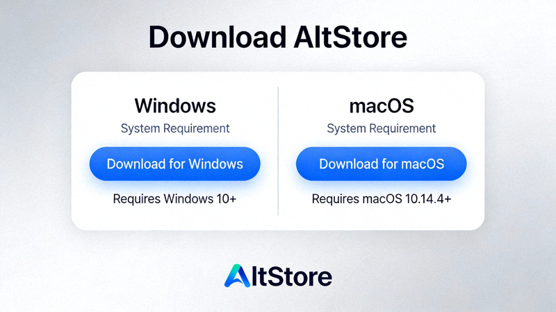 AltStore官网下载页面截图，展示Windows和macOS版本下载选项