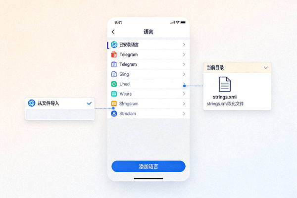 安卓版Telegram语言设置页面，展示如何从文件管理器导入strings.xml汉化文件
