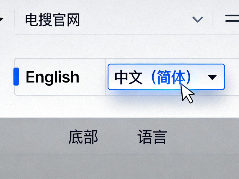 电报官网底部语言选择菜单截图，展示如何从English切换到中文简体选项