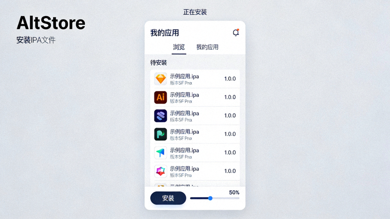 iOS上AltStore应用内安装IPA文件的操作界面示意图