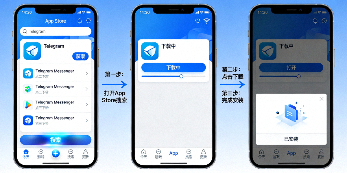 iOS设备上从App Store搜索、下载和安装Telegram的步骤手机截图