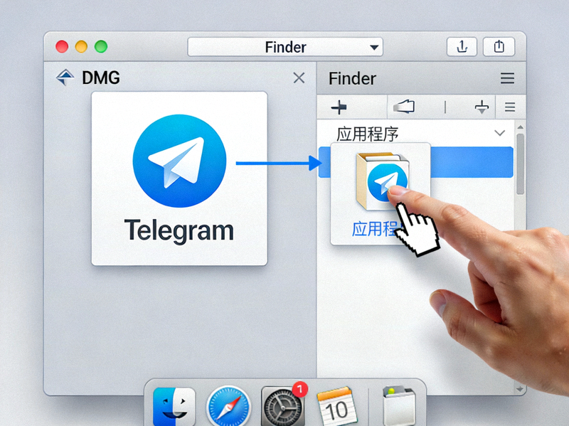 macOS系统打开Telegram的DMG磁盘映像文件并拖拽安装到应用程序的界面截图