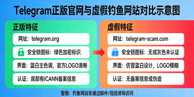 如何识别Telegram正版官网与虚假钓鱼网站的对比示意图