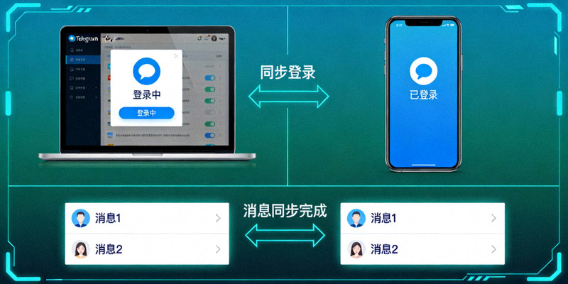 Telegram电脑端与手机端同步登录和消息同步示意图