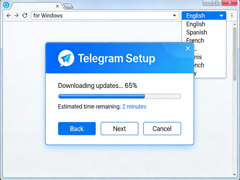 Telegram for Windows安装向导界面截图，展示语言选择与安装进度