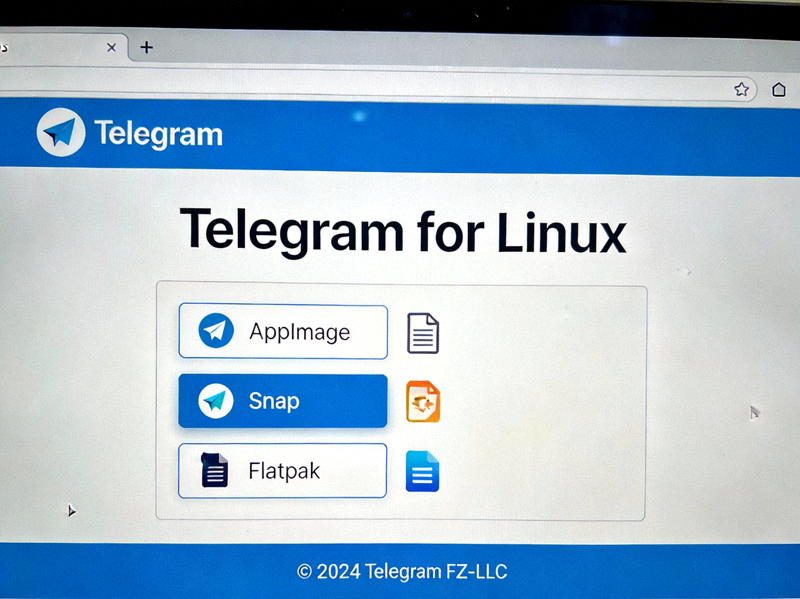 Telegram官网Linux客户端下载页面截图，展示AppImage、Snap、Flatpak等多种格式选项