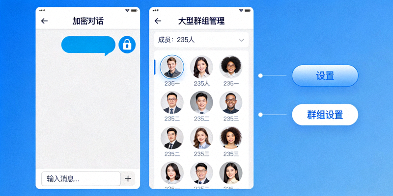 Telegram加密聊天与大型群组管理功能界面展示