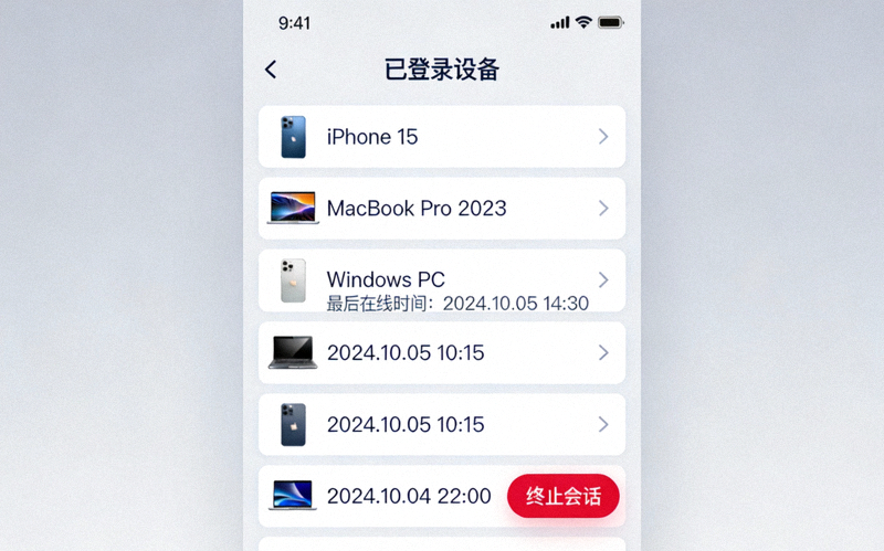 Telegram设备管理页面，列出所有已登录的设备，包括设备名称、最后在线时间和终止会话按钮