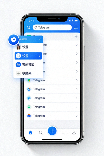 Telegram手机端主界面，点击左上角菜单按钮打开侧边栏