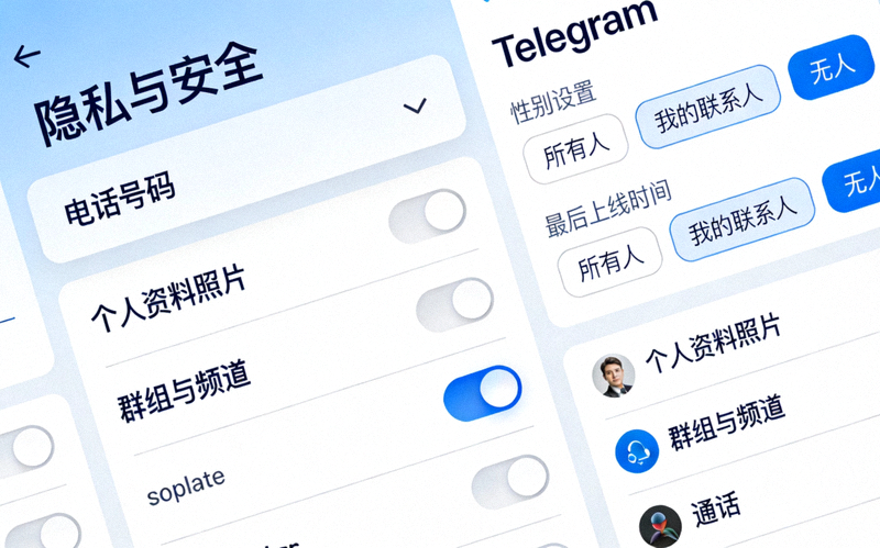 Telegram隐私与安全设置页面详细选项截图，包括电话号码、最后上线时间等的可见性设置