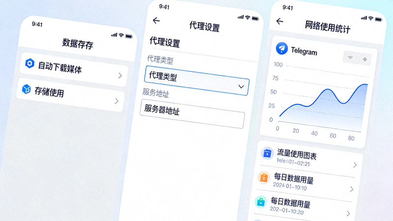 Telegram应用内数据与存储设置、代理设置以及网络使用统计界面截图