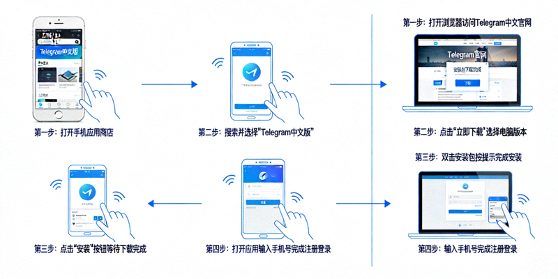 Telegram中文版在手机和电脑上的下载安装步骤示意图